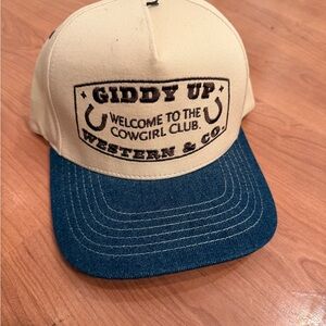 Brand New Giddy Up Cowgirl Club Trucker Hat - Cream & Blue